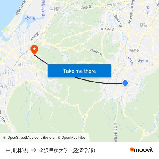 中川(株)前 to 金沢星稜大学（経済学部） map