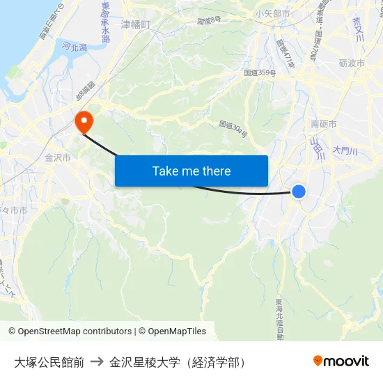 大塚公民館前 to 金沢星稜大学（経済学部） map
