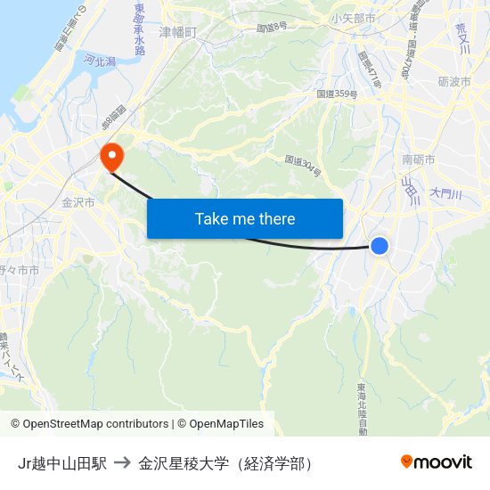 Jr越中山田駅 to 金沢星稜大学（経済学部） map