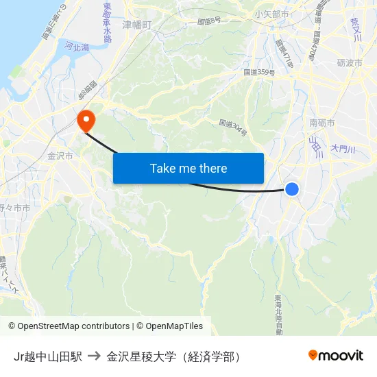 Jr越中山田駅 to 金沢星稜大学（経済学部） map