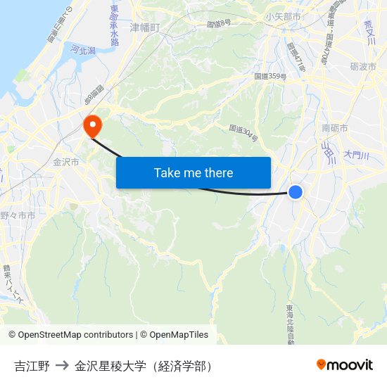 吉江野 to 金沢星稜大学（経済学部） map