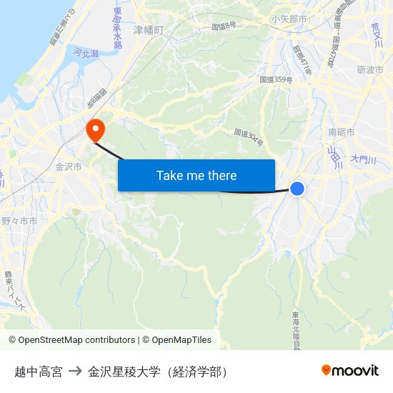 越中高宮 to 金沢星稜大学（経済学部） map