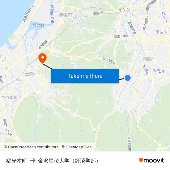 福光本町 to 金沢星稜大学（経済学部） map
