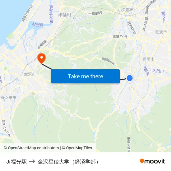 Jr福光駅 to 金沢星稜大学（経済学部） map