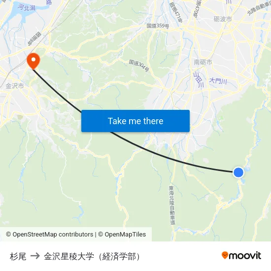 杉尾 to 金沢星稜大学（経済学部） map