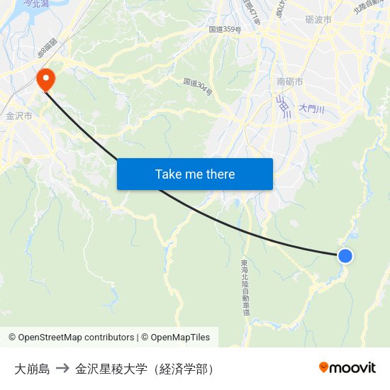 大崩島 to 金沢星稜大学（経済学部） map