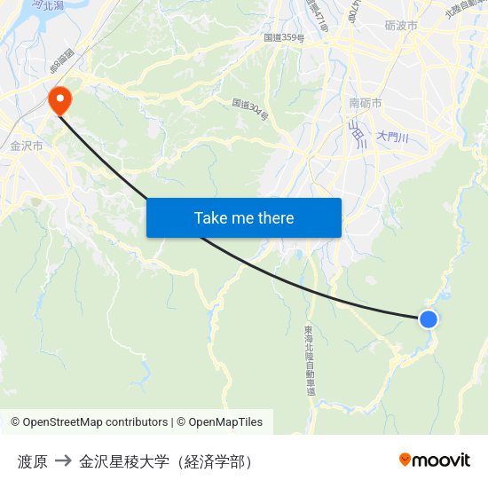 渡原 to 金沢星稜大学（経済学部） map