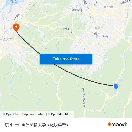 渡原 to 金沢星稜大学（経済学部） map