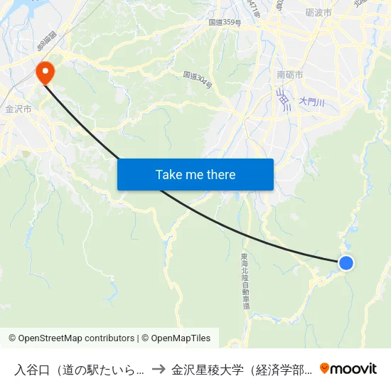 入谷口（道の駅たいら） to 金沢星稜大学（経済学部） map
