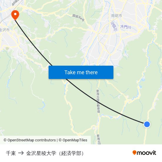 千束 to 金沢星稜大学（経済学部） map