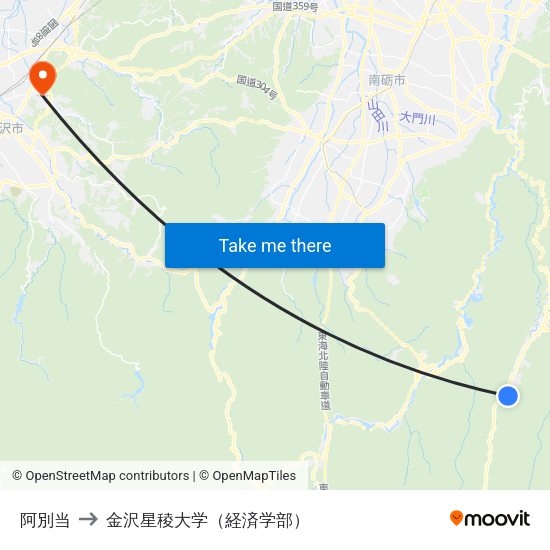 阿別当 to 金沢星稜大学（経済学部） map