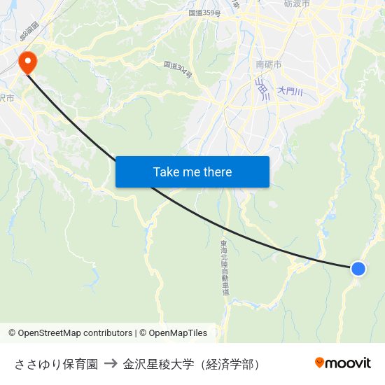 ささゆり保育園 to 金沢星稜大学（経済学部） map