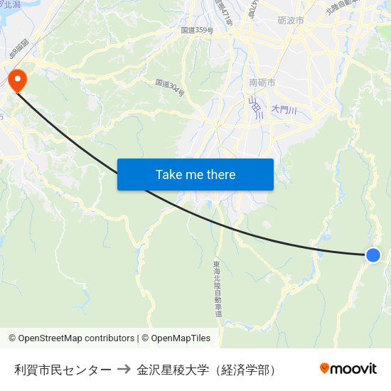 利賀市民センター to 金沢星稜大学（経済学部） map