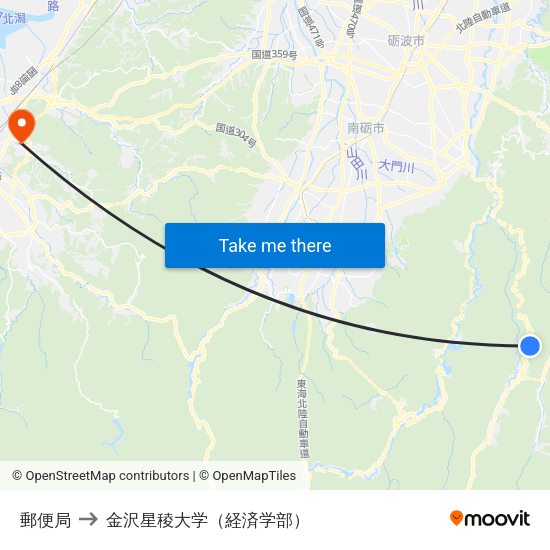 郵便局 to 金沢星稜大学（経済学部） map