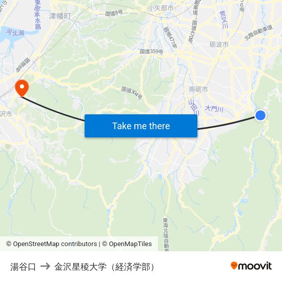 湯谷口 to 金沢星稜大学（経済学部） map