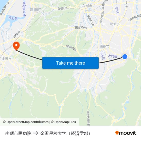 南砺市民病院 to 金沢星稜大学（経済学部） map