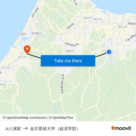 Jr八尾駅 to 金沢星稜大学（経済学部） map