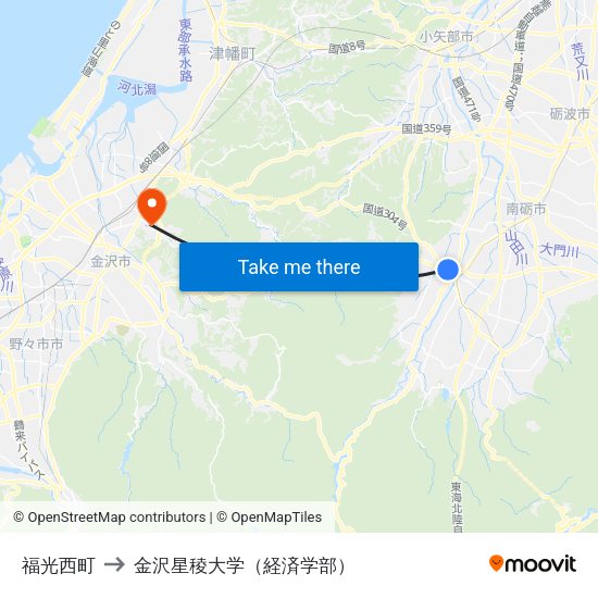 福光西町 to 金沢星稜大学（経済学部） map