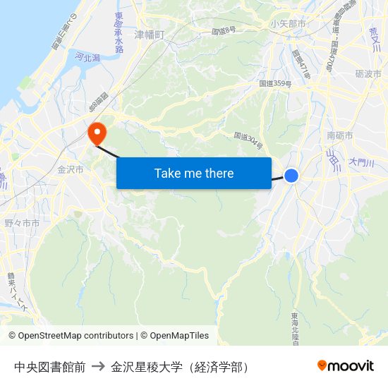 中央図書館前 to 金沢星稜大学（経済学部） map