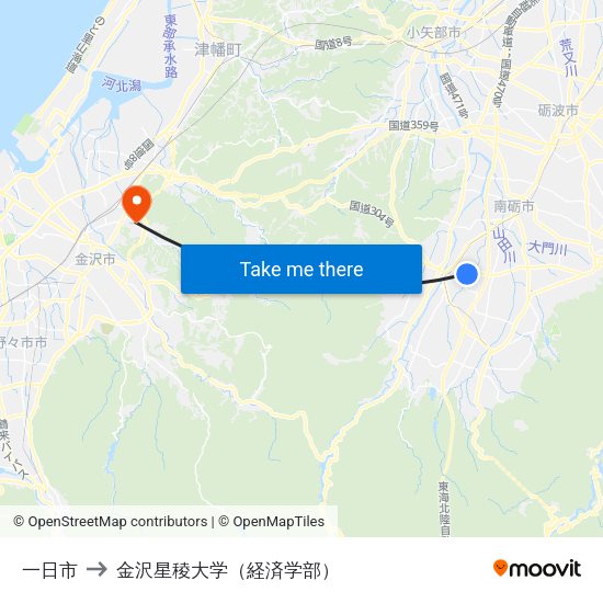 一日市 to 金沢星稜大学（経済学部） map