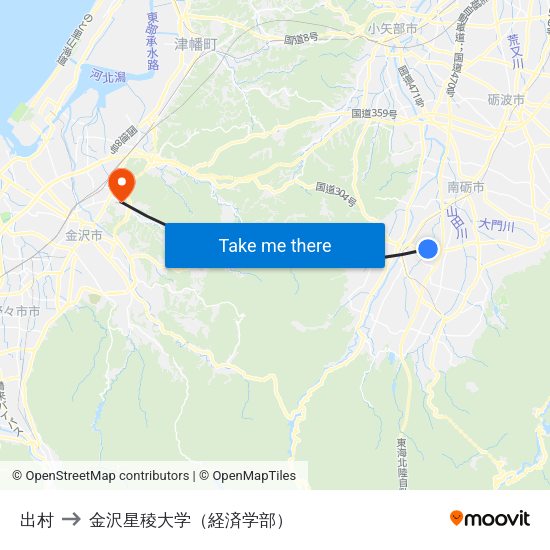 出村 to 金沢星稜大学（経済学部） map