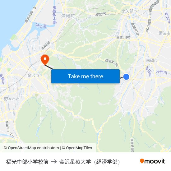 福光中部小学校前 to 金沢星稜大学（経済学部） map