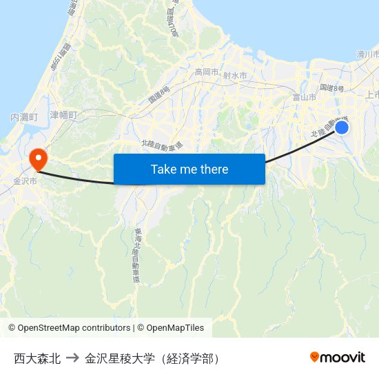 西大森北 to 金沢星稜大学（経済学部） map