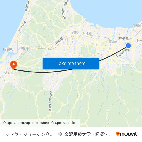 シマヤ・ジョーシン立山店 to 金沢星稜大学（経済学部） map
