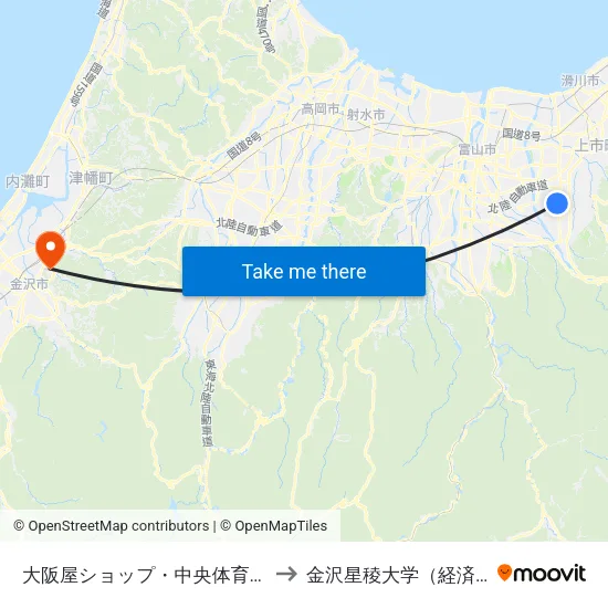 大阪屋ショップ・中央体育センター to 金沢星稜大学（経済学部） map