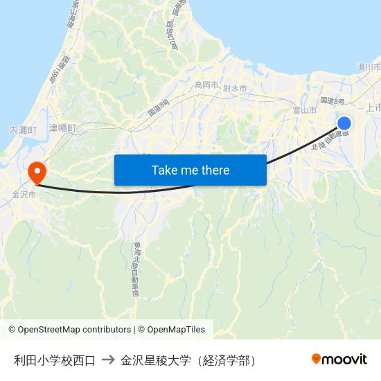 利田小学校西口 to 金沢星稜大学（経済学部） map