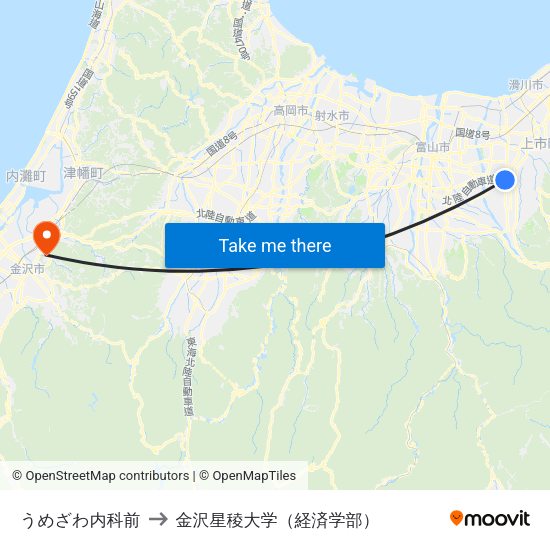 うめざわ内科前 to 金沢星稜大学（経済学部） map