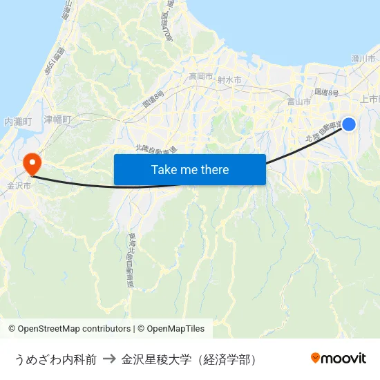 うめざわ内科前 to 金沢星稜大学（経済学部） map