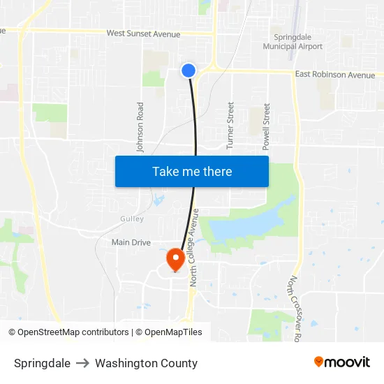 Springdale to Washington County map