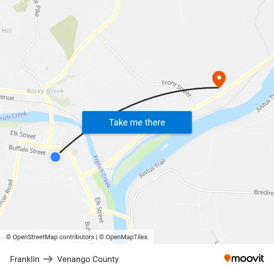 Franklin to Venango County map