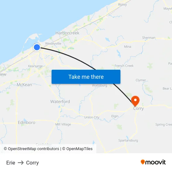 Erie to Corry map