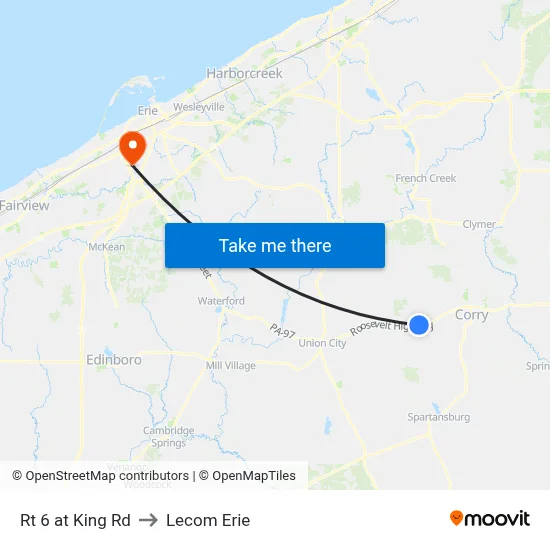 Rt 6 at King Rd to Lecom Erie map