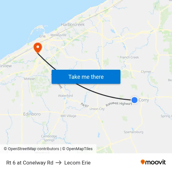 Rt 6 at Conelway Rd to Lecom Erie map