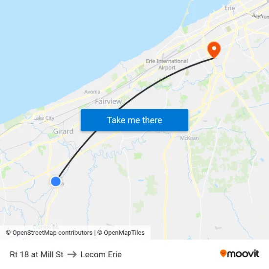 Rt 18 at Mill St to Lecom Erie map
