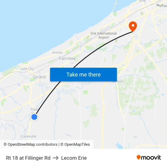 Rt 18 at Fillinger Rd to Lecom Erie map
