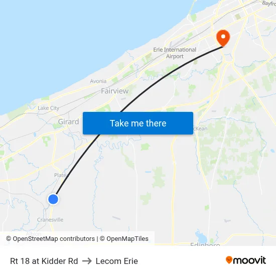 Rt 18 at Kidder Rd to Lecom Erie map