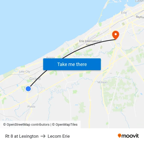 Rt 8 at Lexington to Lecom Erie map
