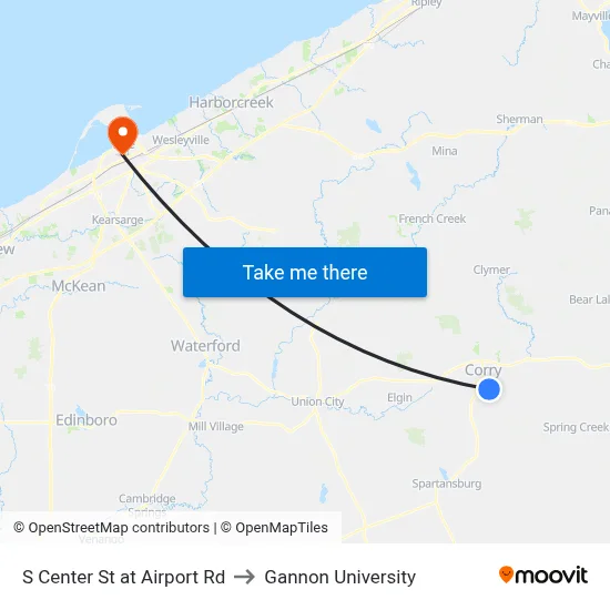 S Center St at Airport Rd to Gannon University map