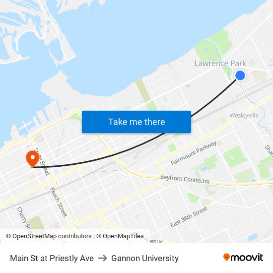 Main St at Priestly Ave to Gannon University map