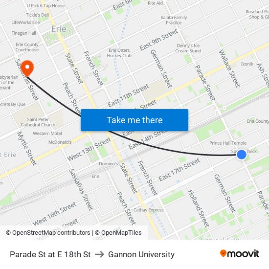 Parade St at E 18th St to Gannon University map