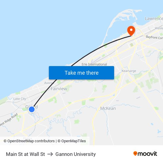 Main St at Wall St to Gannon University map