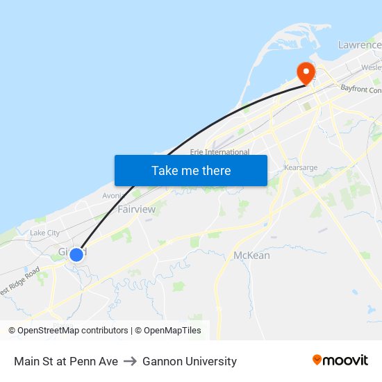 Main St at Penn Ave to Gannon University map