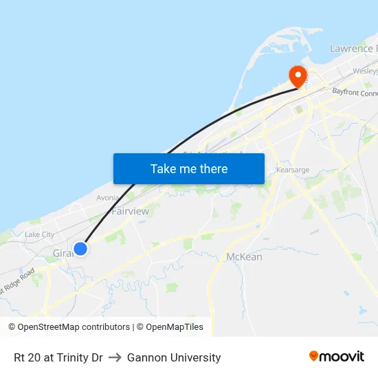 Rt 20 at Trinity Dr to Gannon University map
