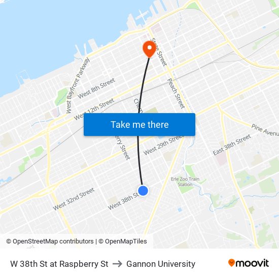 W 38th St at Raspberry St to Gannon University map