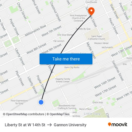 Liberty St at W 14th St to Gannon University map