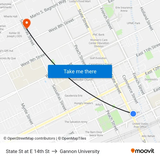 State St at E 14th St to Gannon University map
